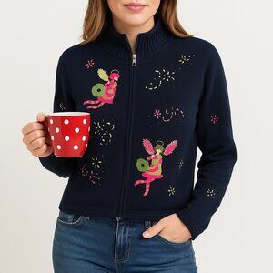 Talbots Womens M Christmas Cardigan Sweater Navy Zip Front Angel Embroidered